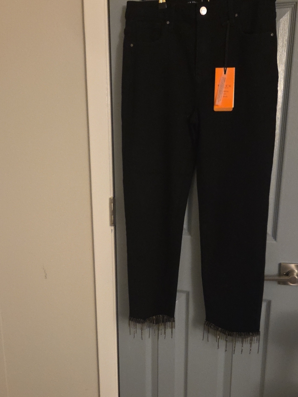 Women's Black Cropp Ied Jeans with Beaded Fringe